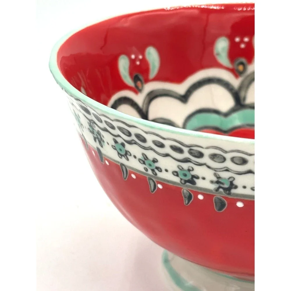 ANTHROPOLOGIE Footed Bowl Akaya Elka Red Bohemian Floral Handpainted Cereal Soup